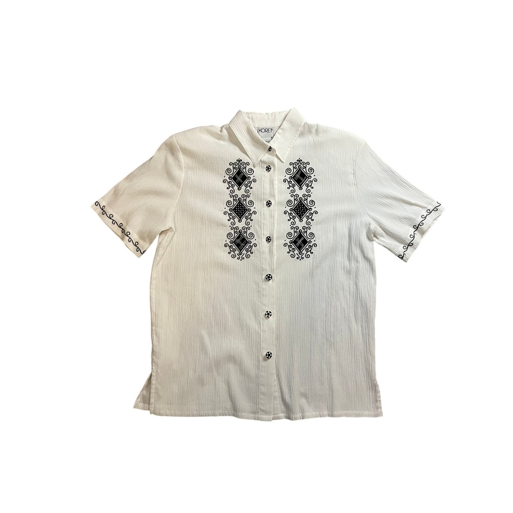 Koret Womens White Crinkle Gauze Button Up Shirt Black Embroidery Vintage Size M